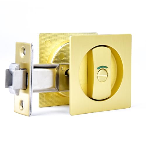 Dontay Pocket Door Color Coded Indicators LockPrivacy BedBath Handles Latch 238 Backset Hardware for 1 38 to 2 316 Thickness DoorExcluding Edge Pull Satin Brass Square 1 Pack - Image 1
