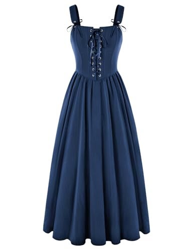 Scarlet Darkness Renaissance Dress Women Lace Up Cottagecore Sleeveless Long Dress Medieval Costume Blue M - Image 1