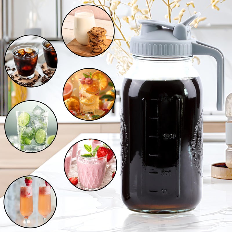 GMSWEET Cold Brew Coffee Maker 64 Oz Mason Jar Cold Brew Pitcher With Strainer Half Gallon Wide Mouth Glass Iced Coffee Maker With Spout Lids 2 Quart Glass Pitcher For Fridge, Sun Tea, Lemonade, Cold Brew - Image 5