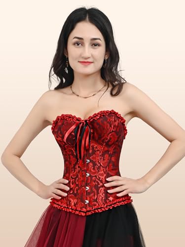 Zhitunemi قمصان كورسيه زهيتونيمي للنساء: كورسيهات سوداء بأحجام كبيرة لأزياء هالوين - مهرجان النهضة باللونين الأسود والأحمر بحجم X-Large - Image 2