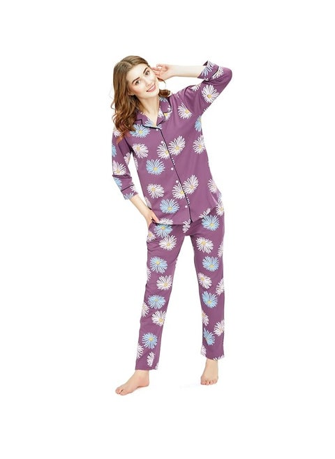 Night Suit for Women's Floral Printed Cotton Night Dress of Shirt and Pajama Set