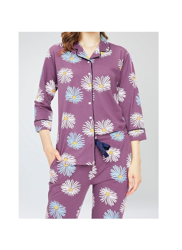 Night Suit for Women's Floral Printed Cotton Night Dress of Shirt and Pajama Set