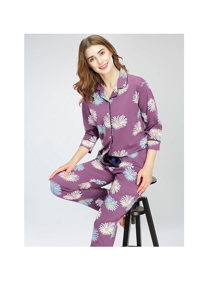 Night Suit for Women's Floral Printed Cotton Night Dress of Shirt and Pajama Set