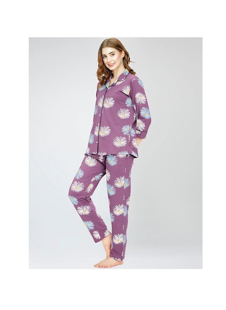 Night Suit for Women's Floral Printed Cotton Night Dress of Shirt and Pajama Set