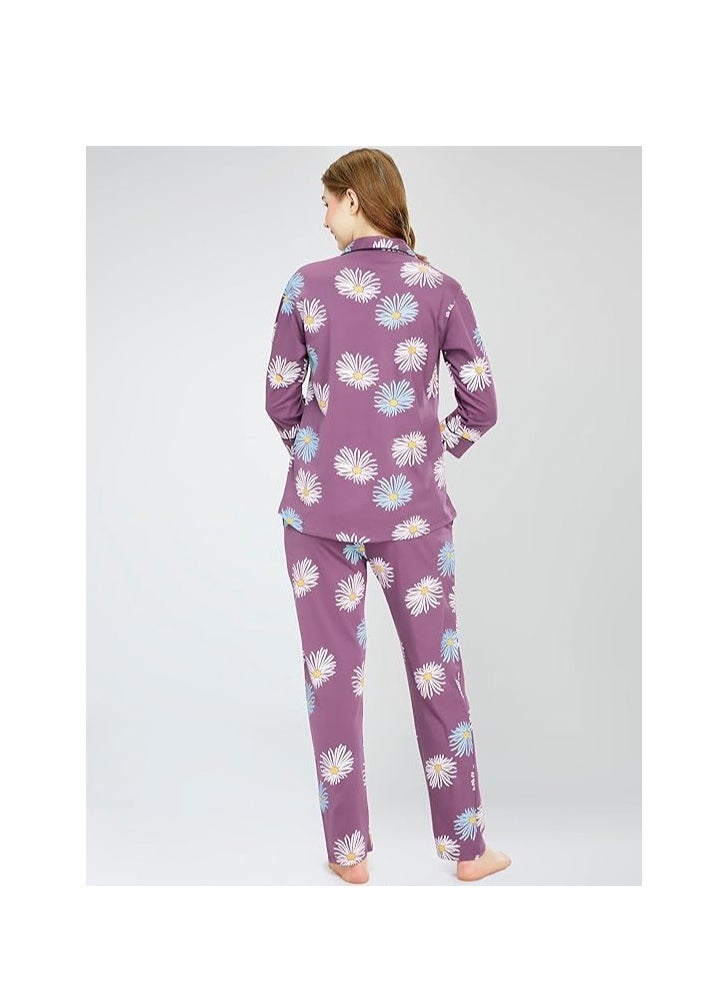 Night Suit for Women's Floral Printed Cotton Night Dress of Shirt and Pajama Set