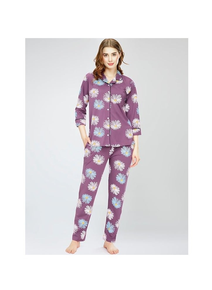Night Suit for Women's Floral Printed Cotton Night Dress of Shirt and Pajama Set
