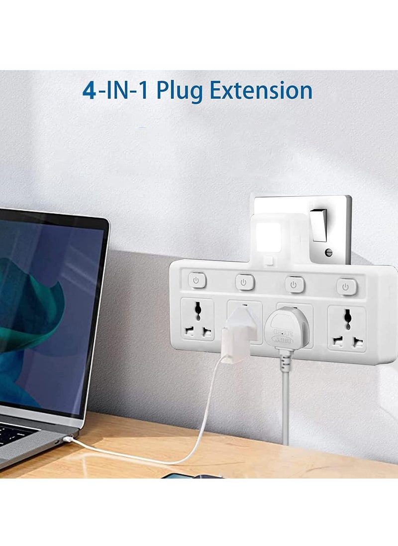 TYCOM Power Adapter Multi Plug Extension with 4 Ways Night Light, Extender Wall Charger Socket Multiple Electrical Outlet Adaptor, Charging Station for Home, Office -4 Way Night Light  - Image 3