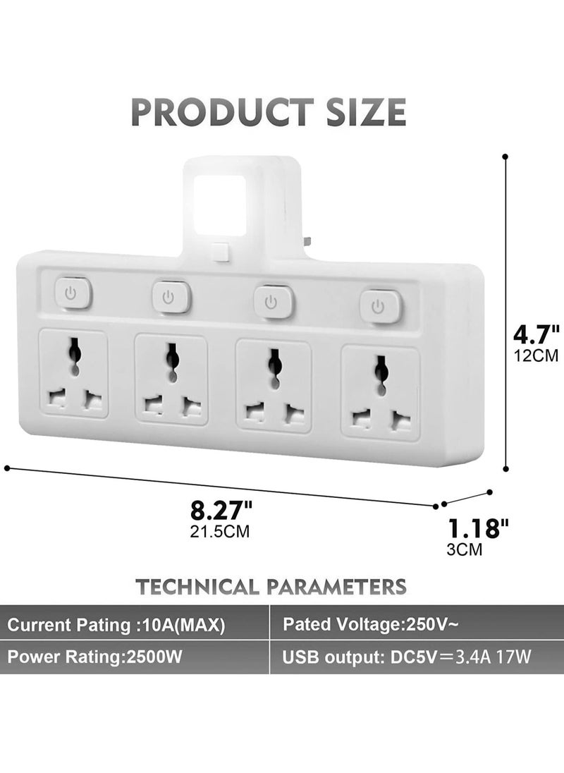 TYCOM Power Adapter Multi Plug Extension with 4 Ways Night Light, Extender Wall Charger Socket Multiple Electrical Outlet Adaptor, Charging Station for Home, Office -4 Way Night Light  - Image 4