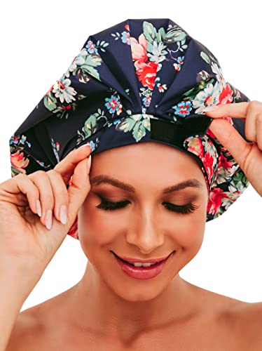 HIUMI Shower Cap for Women, Large Shower Cap for Long Hair Jumbo Adjustable Reusable Shower Caps Waterproof Bath Cap(Navy Blue) - Image 1