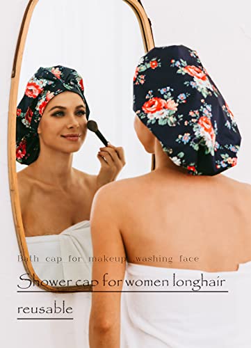 HIUMI Shower Cap for Women, Large Shower Cap for Long Hair Jumbo Adjustable Reusable Shower Caps Waterproof Bath Cap(Navy Blue) - Image 3