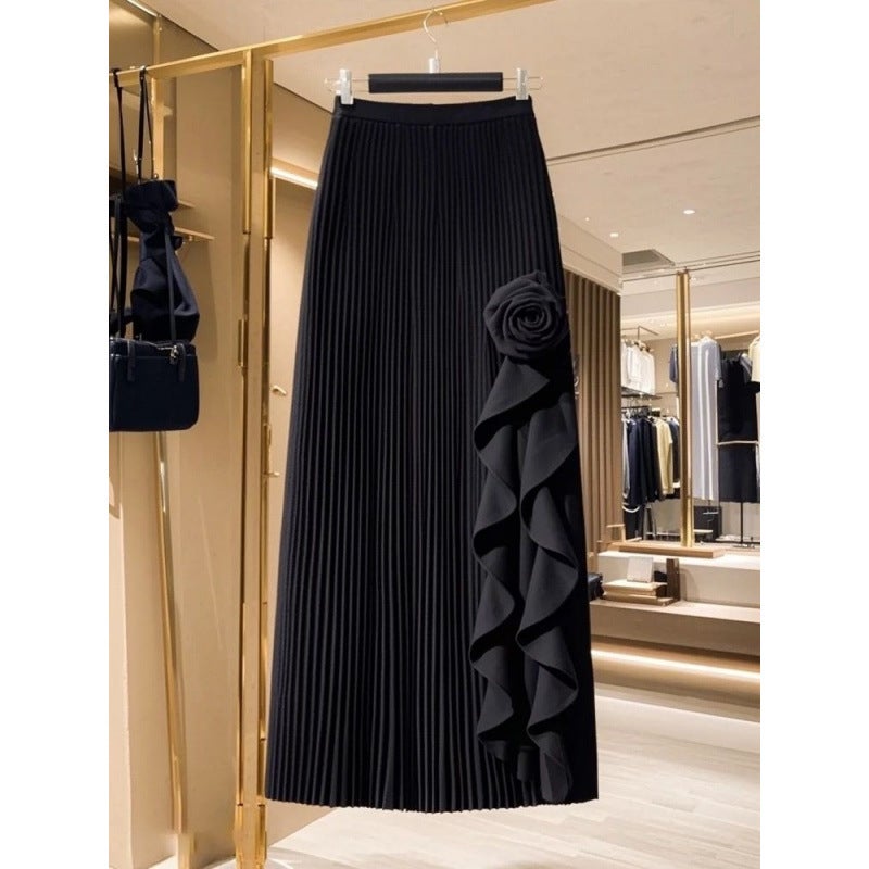 French Ruffle Irregular A- Line Skirt Women'S 2025 High Waist Slimming Black Mid-Length Skirt For Women - Image 3