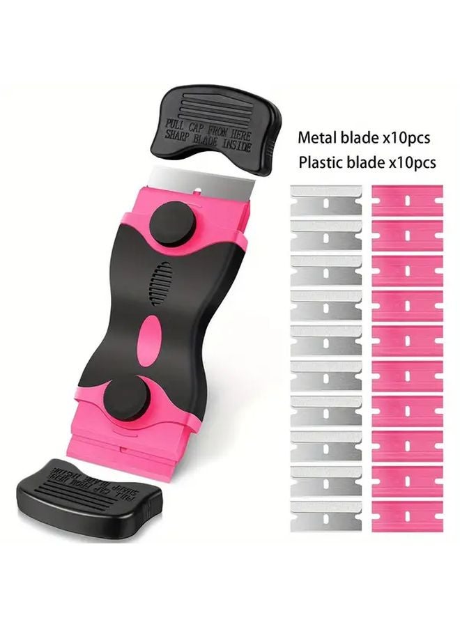 Pink Multifunctional Razor Scraper Tool Set With 20 Blades For Paint Stickers Glue Removal - Image 1