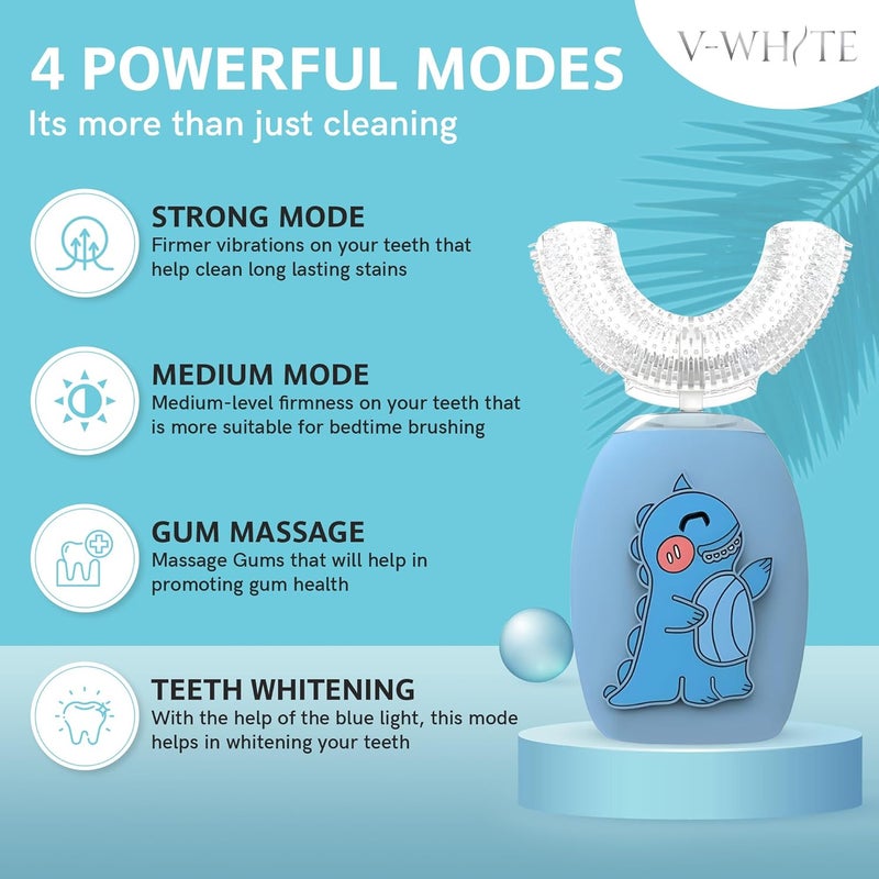 V-White فرشاة أسنان كهربائية للأطفال - فرشاة أسنان على شكل U بالموجات فوق الصوتية لتبييض الأسنان - تنظيف فم 360°، حماية اللثة بدون استخدام اليدين - شحن لاسلكي وضوء LED - مقاومة للماء مع شهادة IPX7 - Image 2