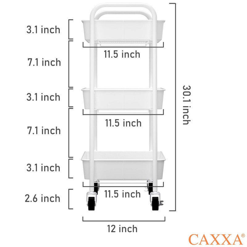 CAXXA 3-Tier Rolling Metal Storage Organizer - Mobile Utility Cart Kitchen Cart with Caster Wheels, White - Image 3