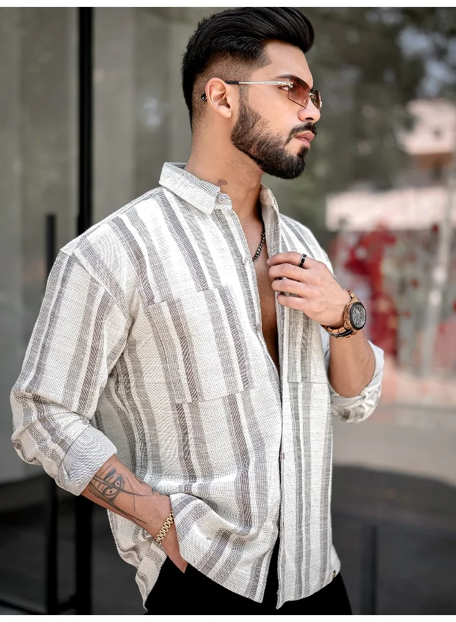 مانياك قميص رجالي مخطط بأكمام كاملة أبيض وبني
