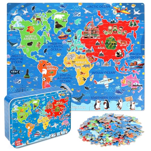 LELEMON World Map Puzzles for Kids Ages 48100 Pieces World Sea Map Jigsaw Puzzles in a Metal BoxFun World Map Learning Educational Toys for Boys Girls - Image 1