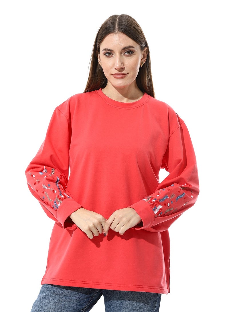 Caesar Women Oversize Embroidery Melton T- Shirt With Long Sleeves And Round Neck  - Image 1