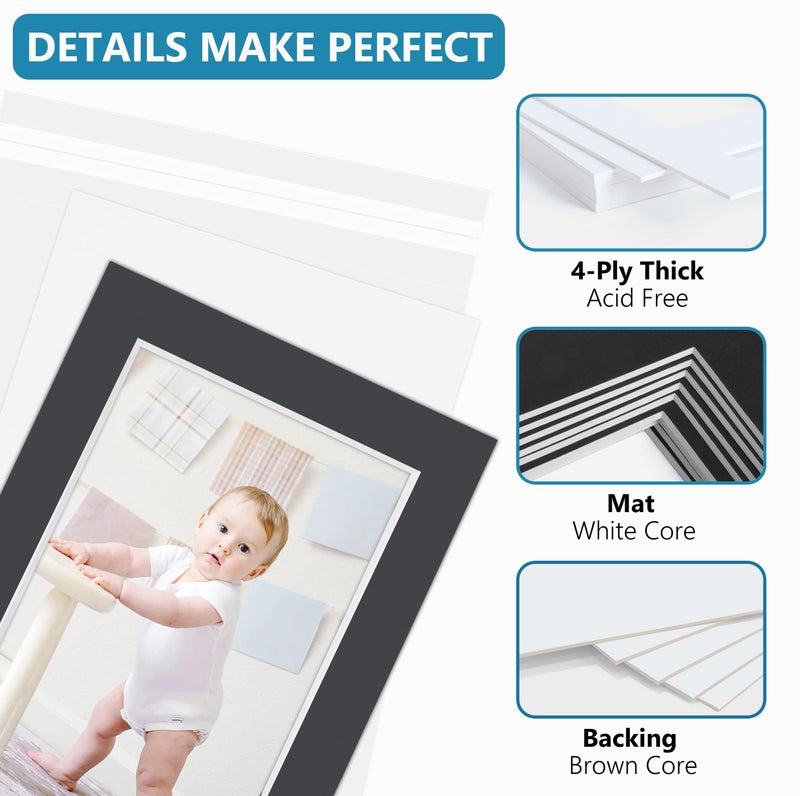Somime 10 Pack Black Picture Frame 11X14 Mat Board White Core Bevel Cut Mats 8.5X11  Whole Frame Mat Kit Includes 10 Picture Photo Mattes & 10 Backings & 10 Krystal Sleeve Bags - Image 4
