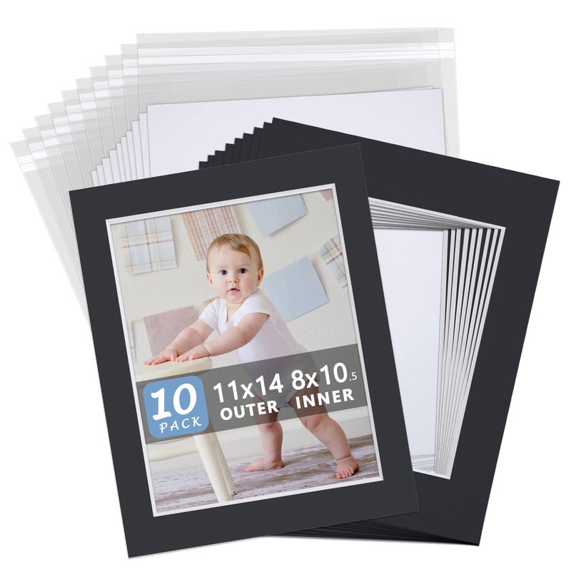 Somime 10 Pack Black Picture Frame 11X14 Mat Board White Core Bevel Cut Mats 8.5X11  Whole Frame Mat Kit Includes 10 Picture Photo Mattes & 10 Backings & 10 Krystal Sleeve Bags - Image 1