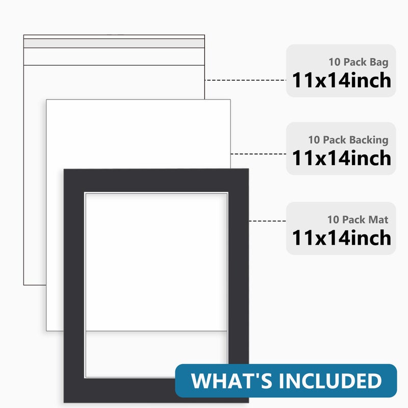 Somime 10 Pack Black Picture Frame 11X14 Mat Board White Core Bevel Cut Mats 8.5X11  Whole Frame Mat Kit Includes 10 Picture Photo Mattes & 10 Backings & 10 Krystal Sleeve Bags - Image 2