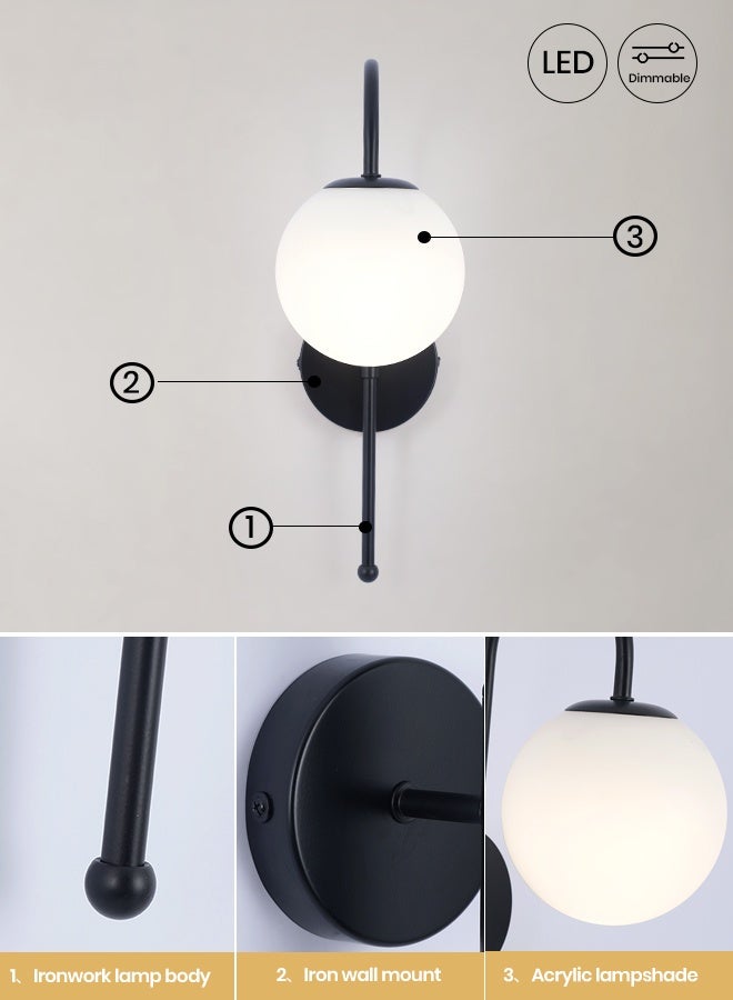 YATAI LIGHTING Modern Black LED Wall Light, 35cm Globe Style Indoor Wall Lamp with E27 Bulb Included, 3-Color Switch Control 3000K-6000K for Bedroom, Living Room, Dining Room - Image 4