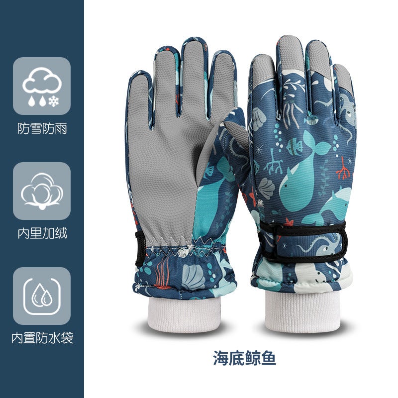 Kids Winter Gloves Warm Waterproof Snow Play undersea whales  - Image 1