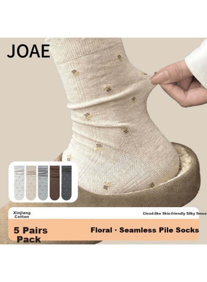 Joae Women's Mid-calf Socks Spring Summer Comfortable Versatile Style Gentle Small Floral Seamless Pile Socks 5 Pairs - Image 1