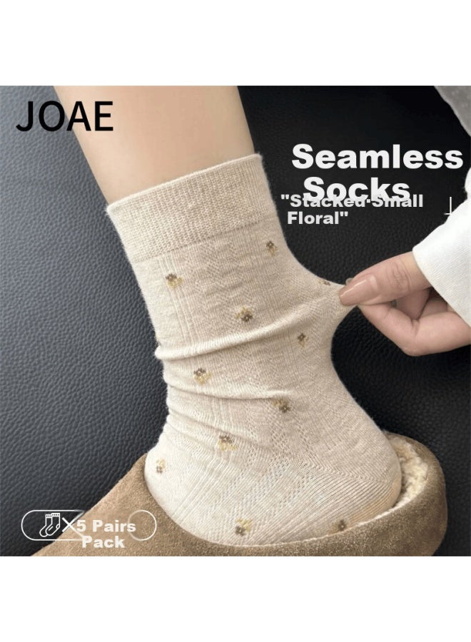 Joae Women's Mid-calf Socks Spring Summer Comfortable Versatile Style Gentle Small Floral Seamless Pile Socks 5 Pairs - Image 2