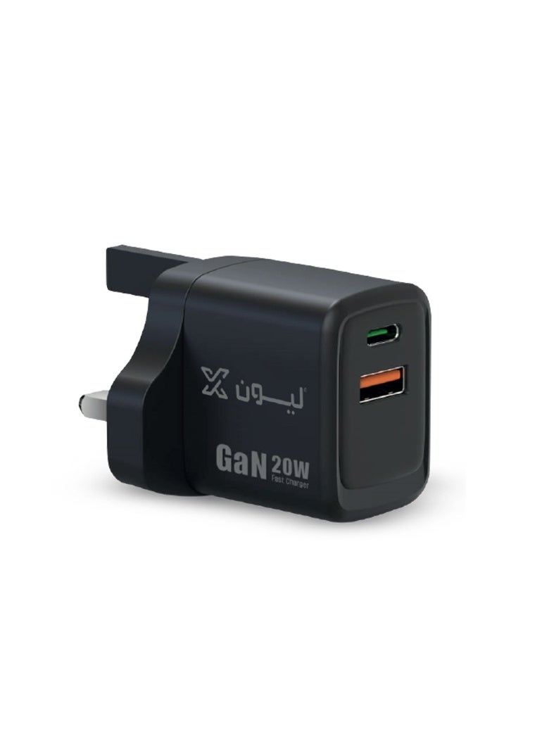 ليون اكس قابس شاحن جداري مزدوج 20 واط بتقنية GaN من ليون اكس | فيش بمنفذين (تايب سي PD و USB-A) لآيفون 17/16 وسامسونج (صناعة سعودية) - أسود - Image 2