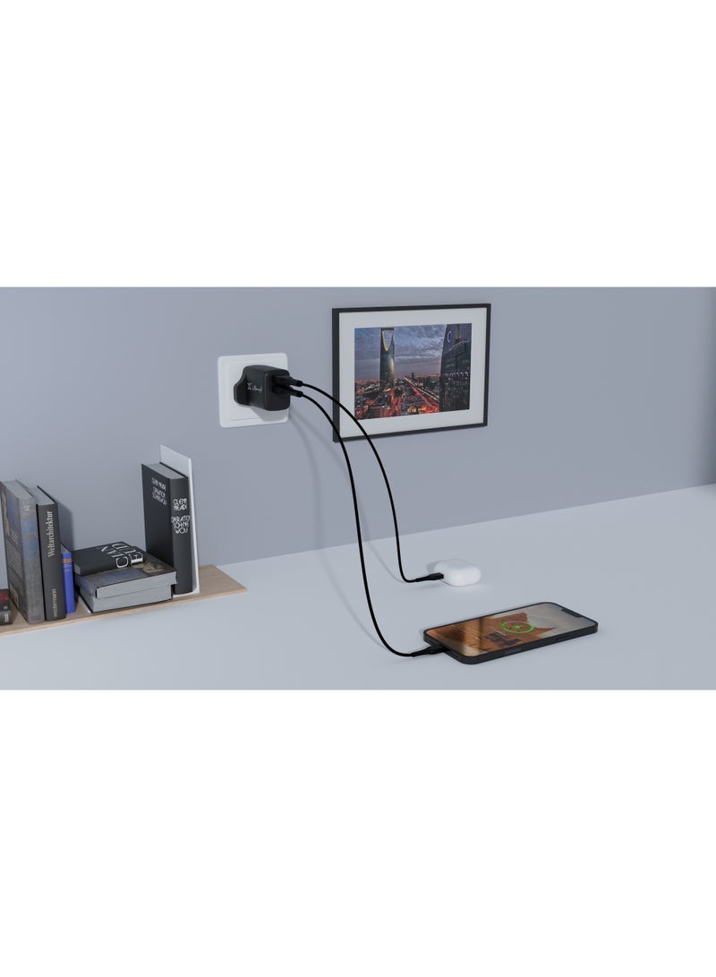 ليون اكس قابس شاحن جداري مزدوج 20 واط بتقنية GaN من ليون اكس | فيش بمنفذين (تايب سي PD و USB-A) لآيفون 17/16 وسامسونج (صناعة سعودية) - أسود - Image 4