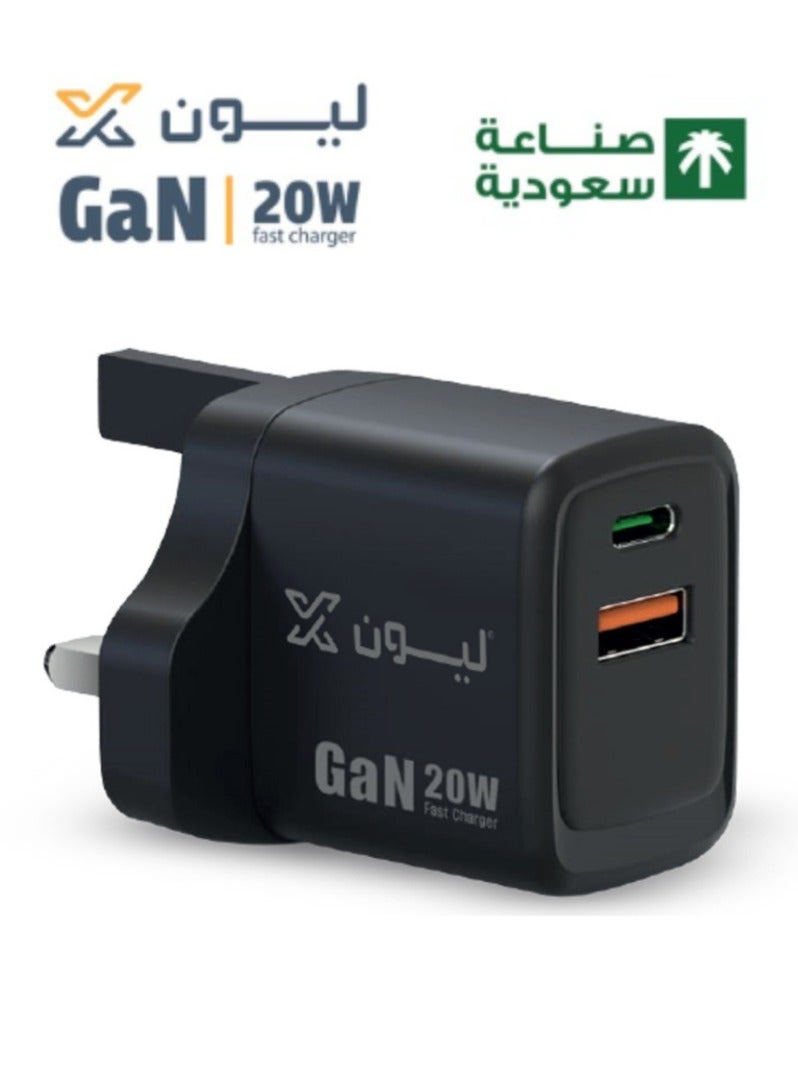 ليون اكس قابس شاحن جداري مزدوج 20 واط بتقنية GaN من ليون اكس | فيش بمنفذين (تايب سي PD و USB-A) لآيفون 17/16 وسامسونج (صناعة سعودية) - أسود - Image 1