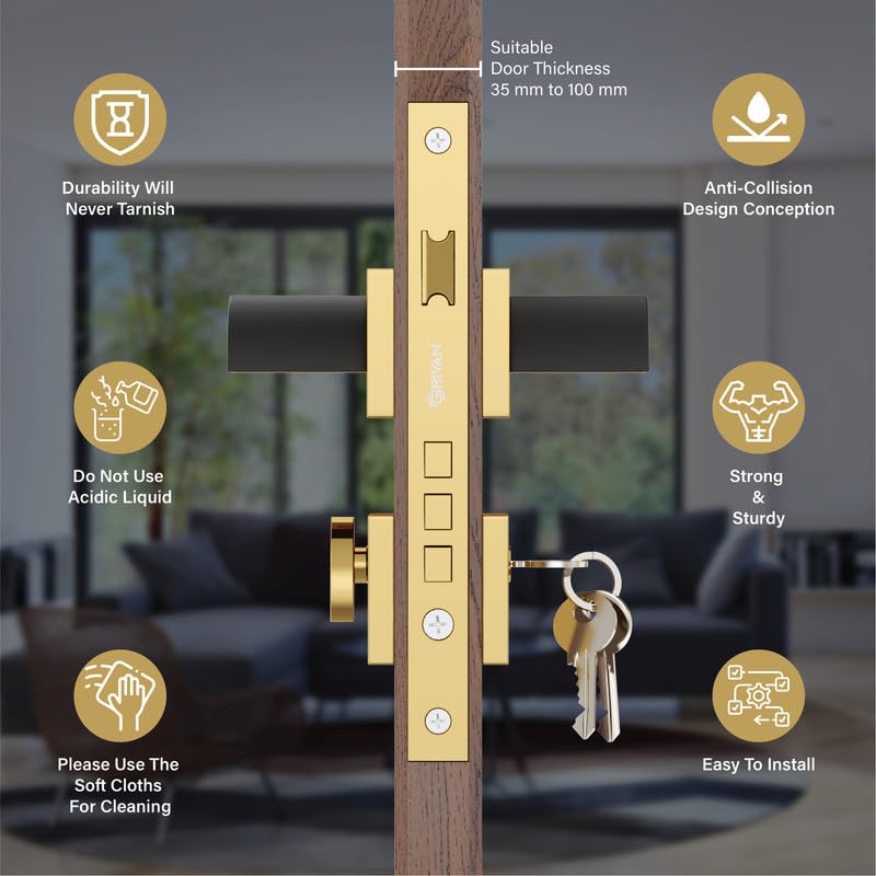 GRIVAN Heavy Duty Brass Mortise Lock for Doors | Bathroom Door Lock, Balcony, Store Room Handle Set | Durable Lock Body & 3 Keys Included Home/Office/Hotel | Gold Black Finish | 2 Years Warranty - Image 3