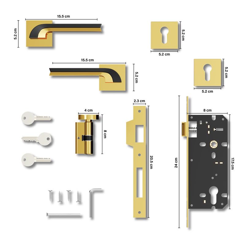 GRIVAN Heavy Duty Brass Mortise Lock for Doors | Bathroom Door Lock, Balcony, Store Room Handle Set | Durable Lock Body & 3 Keys Included Home/Office/Hotel | Gold Black Finish | 2 Years Warranty - Image 5