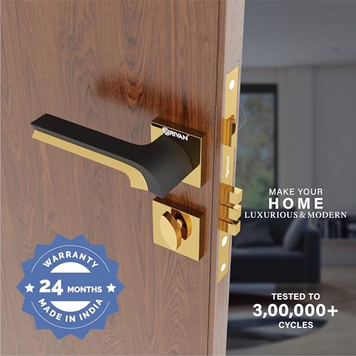 GRIVAN Heavy Duty Brass Mortise Lock for Doors | Bathroom Door Lock, Balcony, Store Room Handle Set | Durable Lock Body & 3 Keys Included Home/Office/Hotel | Gold Black Finish | 2 Years Warranty - Image 2