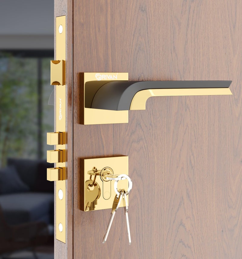 GRIVAN Heavy Duty Brass Mortise Lock for Doors | Bathroom Door Lock, Balcony, Store Room Handle Set | Durable Lock Body & 3 Keys Included Home/Office/Hotel | Gold Black Finish | 2 Years Warranty - Image 1