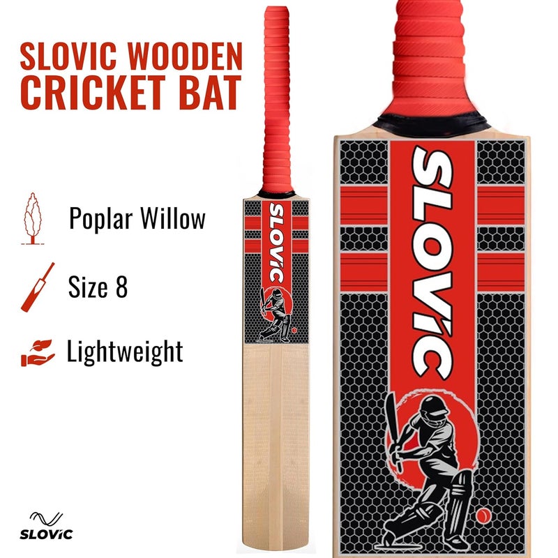 SLOVIC Cricket Bat [Size 8] | Full Size Wooden Tennis Bat for Cricket | Poplar Willow Cricket Bats for Kids & Adults | Ideal for Indoor & Outdoor | Lightweight Bats Practice for Cricket kit - Image 2