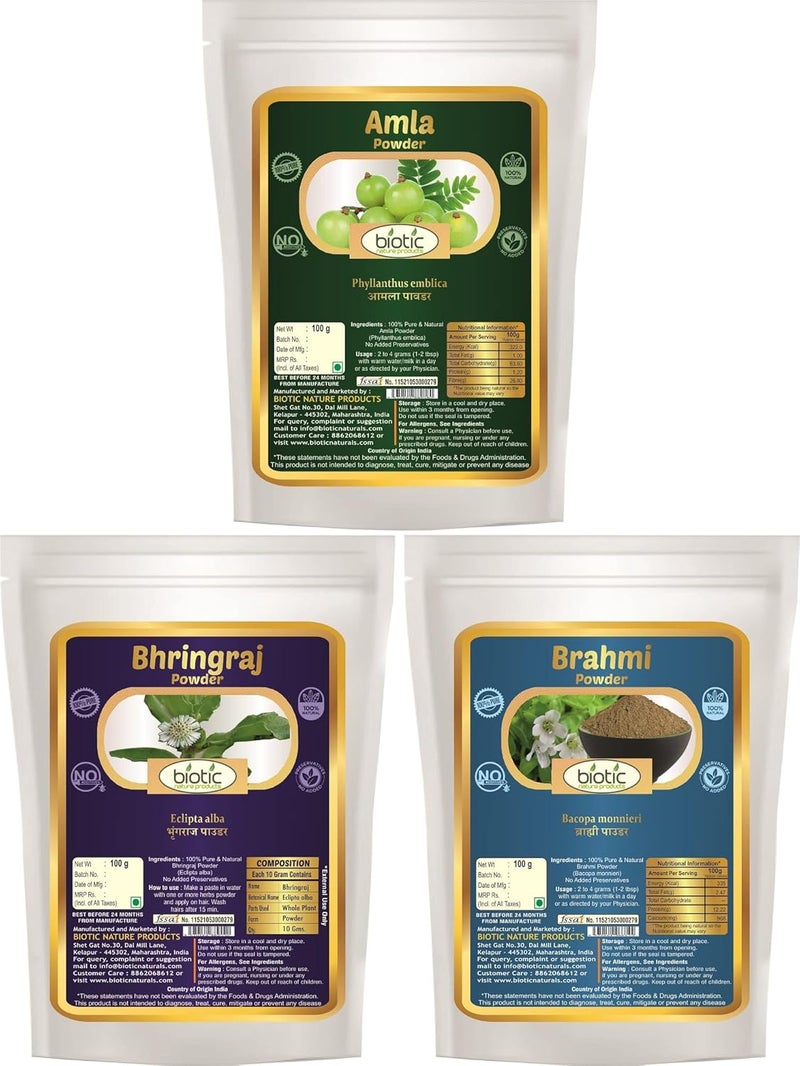 Biotic Biotic Natural Amla Bhringraj Brahmi Powder  300 gms 100 gms Each  - Image 1