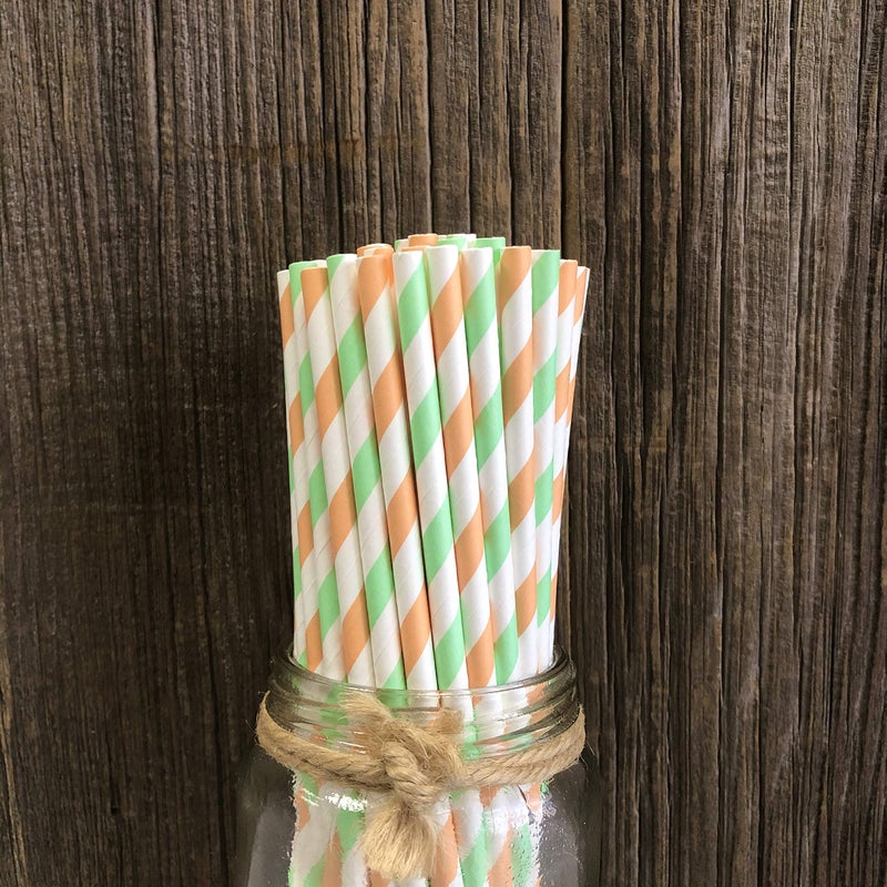 Outside the Box Pape Striped Paper Straws - Mint Green Peach White - 7.75 Inches - Pack of 50 Outside the Box Papers Brand - Image 3