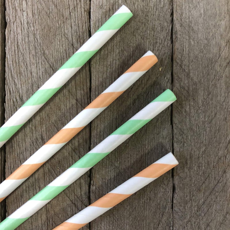 Outside the Box Pape Striped Paper Straws - Mint Green Peach White - 7.75 Inches - Pack of 50 Outside the Box Papers Brand - Image 2