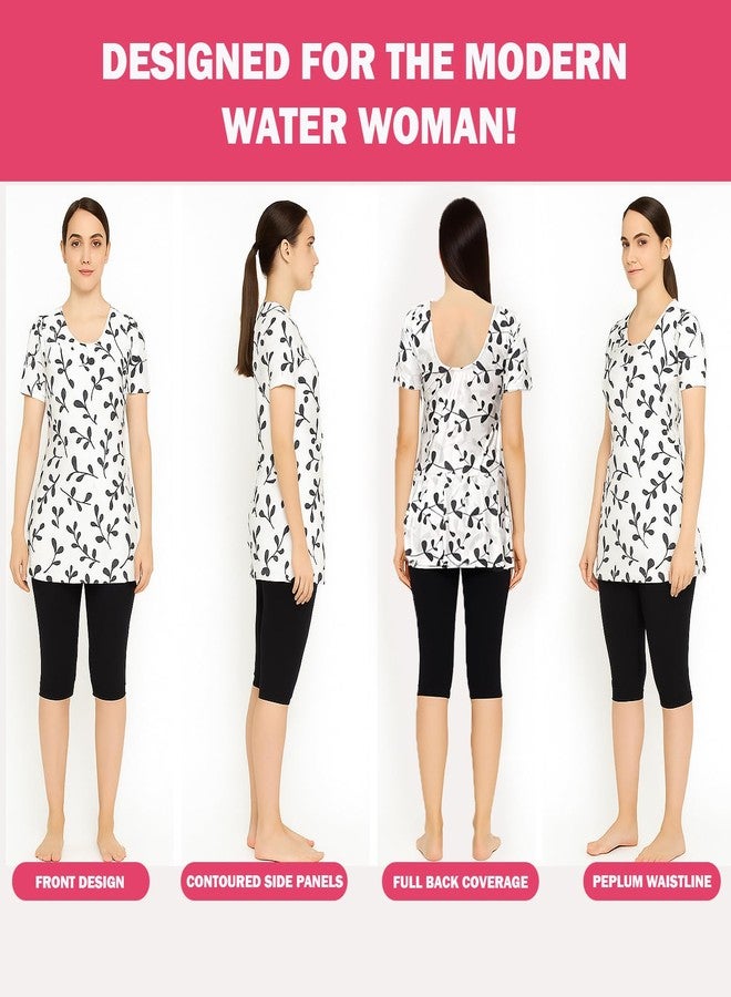 Hacer Frock Style Swimwear with Ethnic Printed Padde Half Sleeve Bodysuit Swimming Costume Knee Length Two Piece Swimsuit for Pool Beach Women (M, 34, Off-White-Black) - Image 3