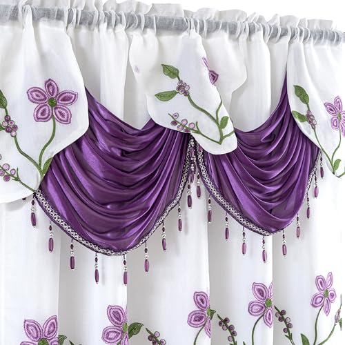 Petrichor Embroidered Sheer Curtain 2 Panels Set - Luxury Window Curtain Attached Valance with Satin Backing and 2 Tie Backs for Living Room,Dining Room, 54x63 inches,Lavender - Image 4