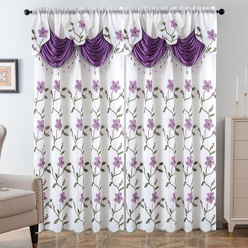 Petrichor Embroidered Sheer Curtain 2 Panels Set - Luxury Window Curtain Attached Valance with Satin Backing and 2 Tie Backs for Living Room,Dining Room, 54x63 inches,Lavender - Image 2