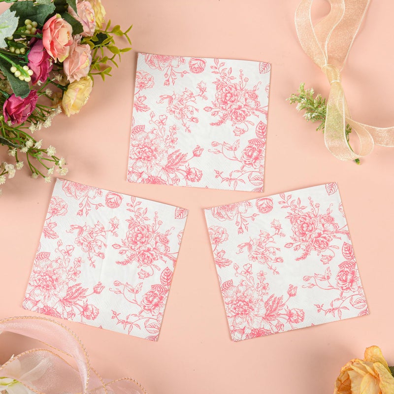 Elyxio 100 Floral Cocktail Napkins Pink and White Toile Paper Napkins 5â€ Vintage Pink Flower Bouquet Disposable Hand Towels for Bridal Baby Shower Christmas Tea Party Supplies - Image 3