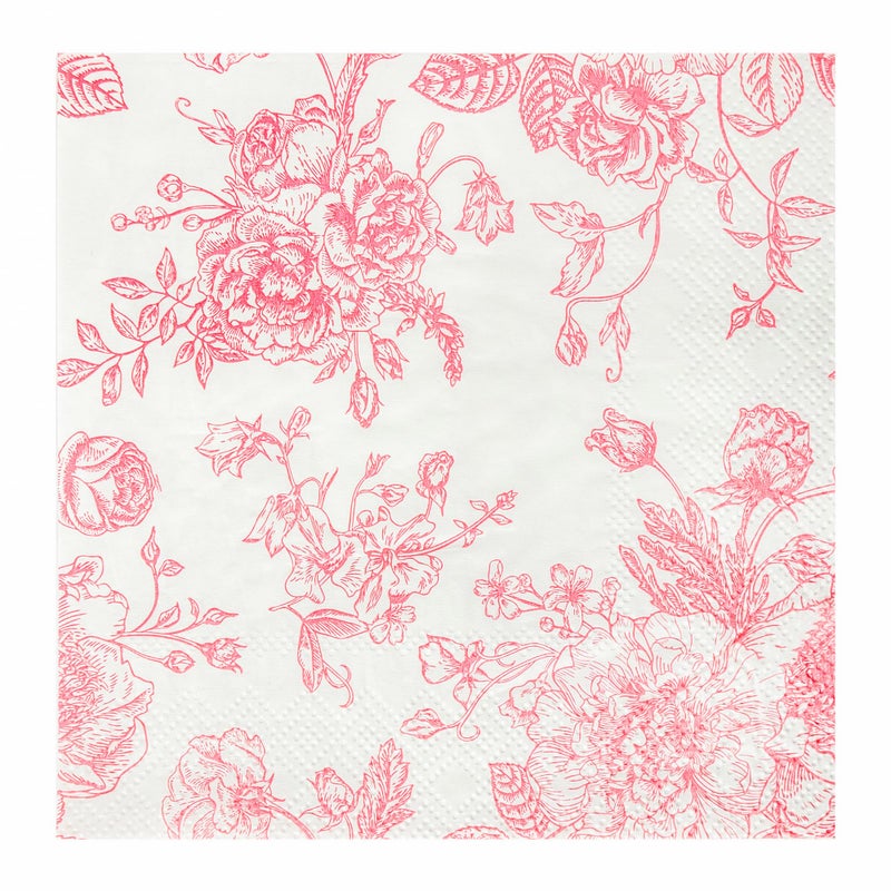 Elyxio 100 Floral Cocktail Napkins Pink and White Toile Paper Napkins 5â€ Vintage Pink Flower Bouquet Disposable Hand Towels for Bridal Baby Shower Christmas Tea Party Supplies - Image 1