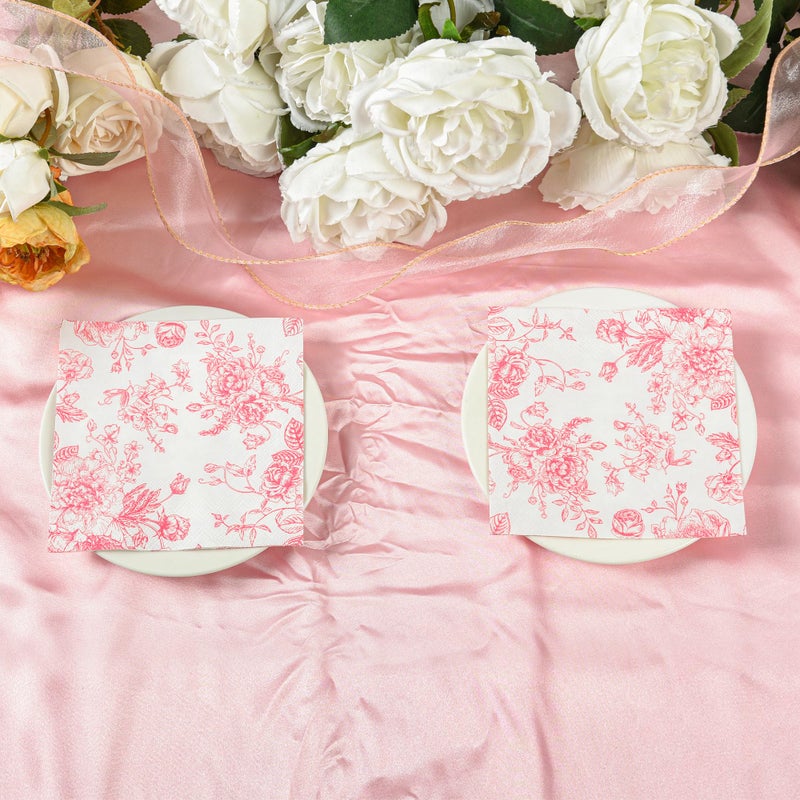 Elyxio 100 Floral Cocktail Napkins Pink and White Toile Paper Napkins 5â€ Vintage Pink Flower Bouquet Disposable Hand Towels for Bridal Baby Shower Christmas Tea Party Supplies - Image 4