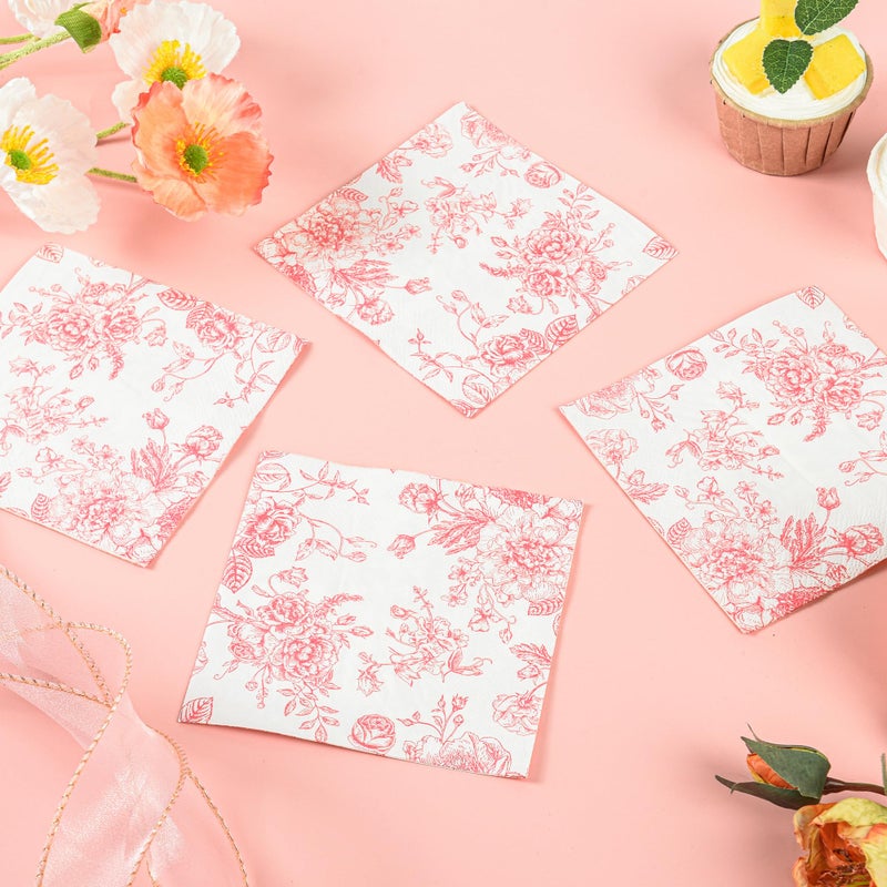 Elyxio 100 Floral Cocktail Napkins Pink and White Toile Paper Napkins 5â€ Vintage Pink Flower Bouquet Disposable Hand Towels for Bridal Baby Shower Christmas Tea Party Supplies - Image 5