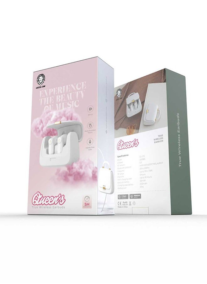 GREEN LION - Queen's True Wireless Earbuds with Purse Design / Up To 15m Bluetooth Range / 5 Hours Play Time / Hand-Free Calls / Multi Touch - White - Image 1