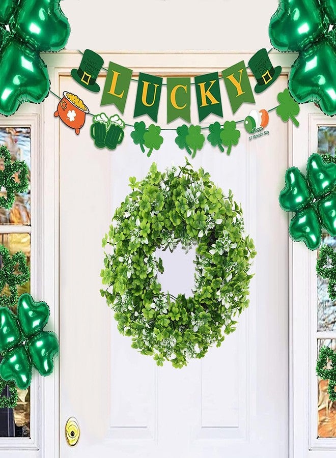 BINFEN St Patricks Day Wreath 18” – Green Shamrock Clover Wreaths for Front Door with White Flowers, Small St. Patrick’s Day Spring Summer Door Decorations Indoor Outdoor - Image 2