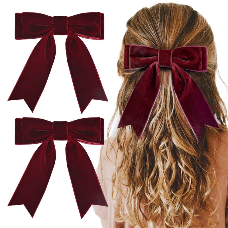 Aileam 2PCS 5 Velvet Red Wine Hair Bows Girls Hair Clips Ponytail Holder Accessories for Women Girls Toddlers
