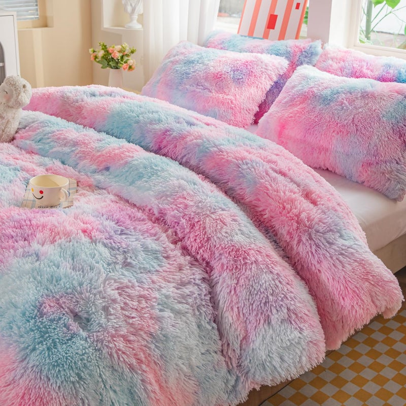 chovy Kids Girls Faux Fur Purple Rainbow Comforter Sets Twin/Full - 3PC Bed Set Soft Warm Comfortable Classical Rabbit Plush Velvet Flannel Fluffy Fuzzy Beddingï¼ˆComforter x 1 Pillowcases x 2ï¼‰ - Image 4